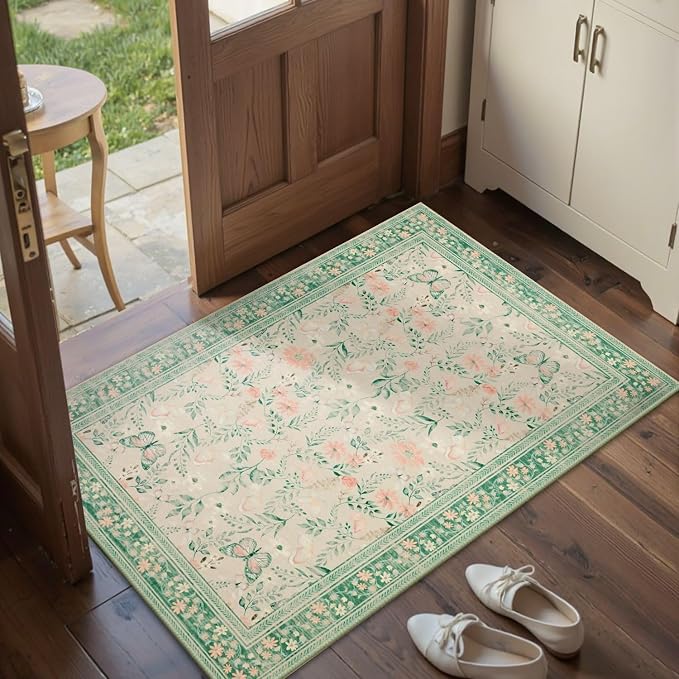 Rugxara Door Mat Floral Entryway Rug, Washable Samll 2x3 Rug, Boho Green Front - Image 2