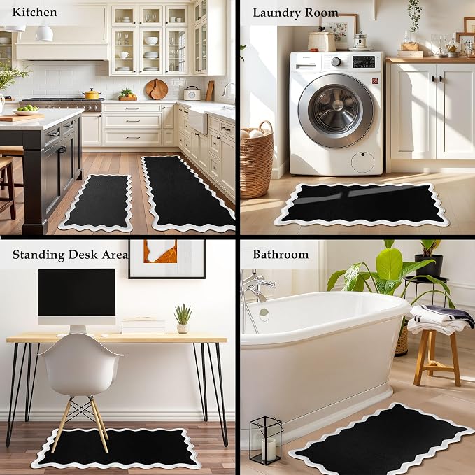 Arenarug Scalloped Black White Kitchen Mats Rugs Sets of 2 Cushioned Anti - Image 7
