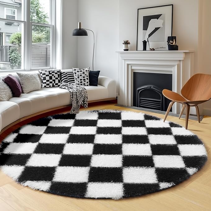 KICMOR Round Rugs 7ft Black and White Circle Area Rug, Fluffy Soft Large Fuzzy - Image 3