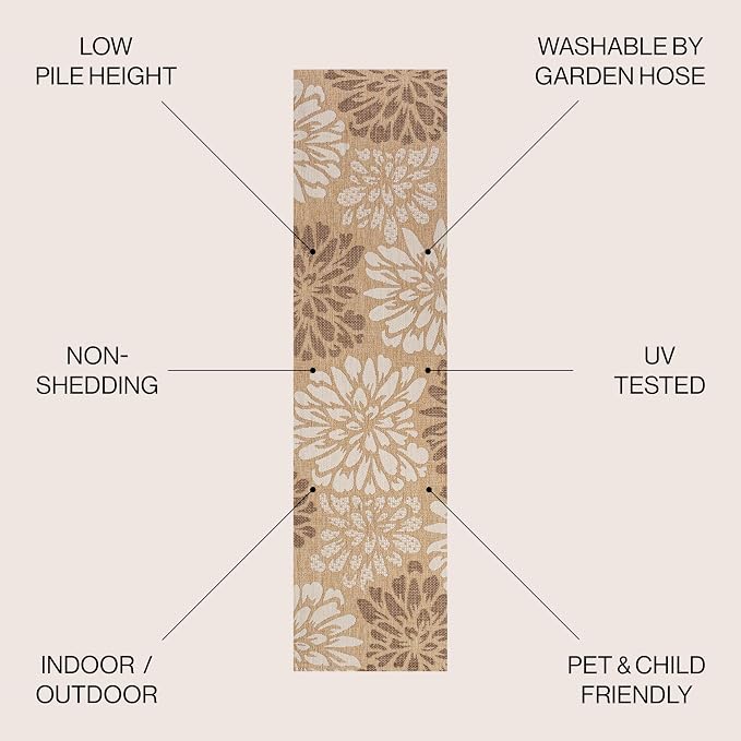 JONATHAN Y Floral Textured Weave Indoor Outdoor Runner Rug 2X8 Brown/Cream - Image 2