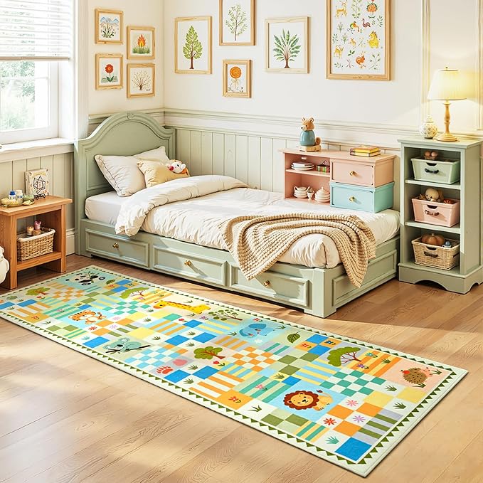 Green Runner Rug for Kids Bedroom, Kids Hallway Washable Rug, Soft Non-Slip - Image 2