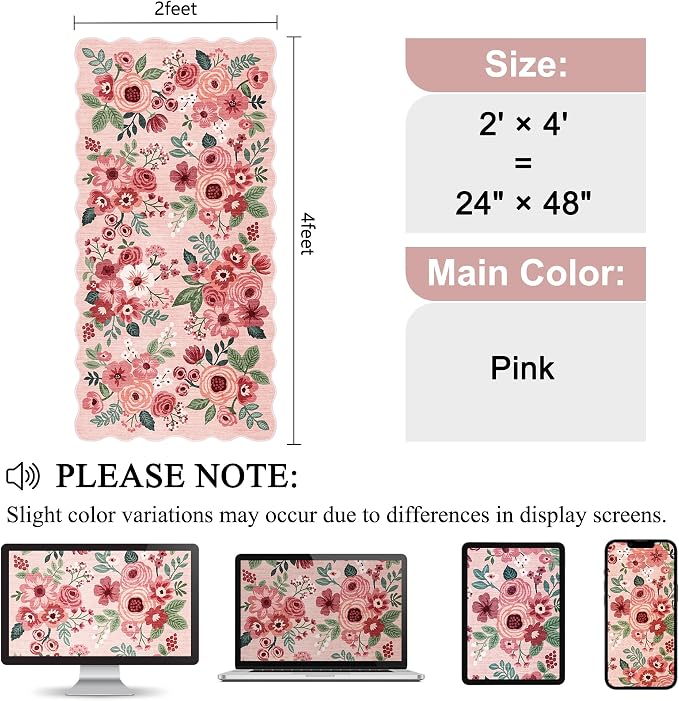 DUKINO 2x4 Washable Runner Rugs, Non Slip Floral Print Entryway Rug - Image 2
