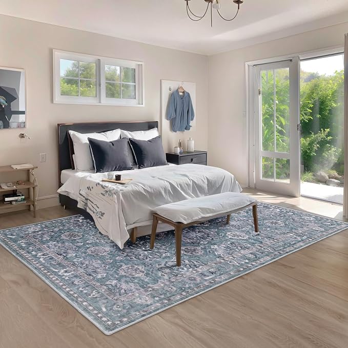 SERISSA Boho 8x10 Area Rugs Blue Grey, Washable Vintage Floral Large Living - Image 7