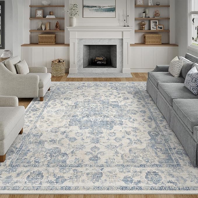 10x12 Neutral Area Rug Blue Vintage Living Room Bedroom Washable Carpet by WondRg