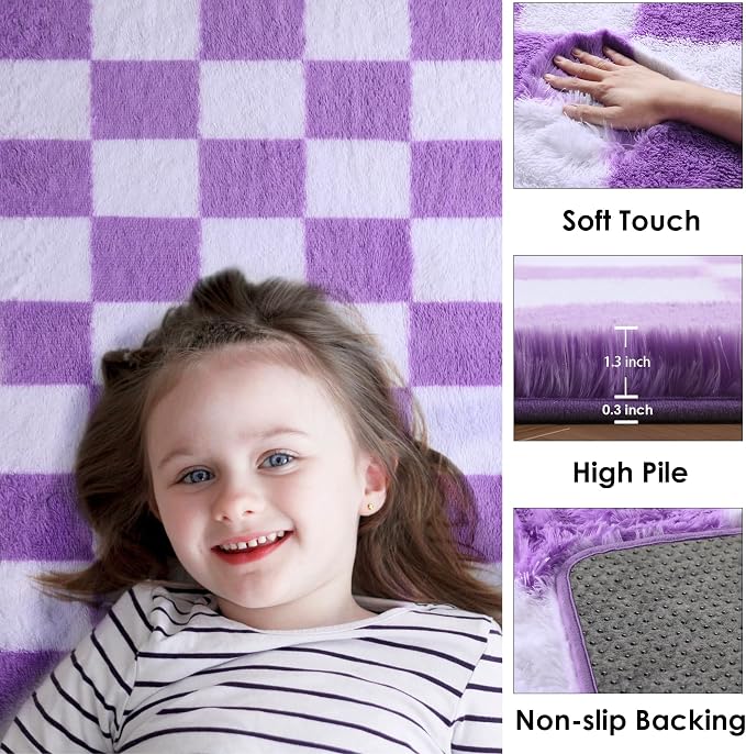 KICMOR Purple Rugs for Living Room Bedroom, Fluffy Soft Checkered 5x8 Area Rug - Image 2