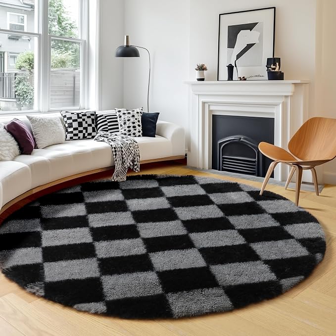KICMOR Round Rugs 6ft Black and Grey Circle Area Rug, Fluffy Soft Fuzzy Shag - Image 3