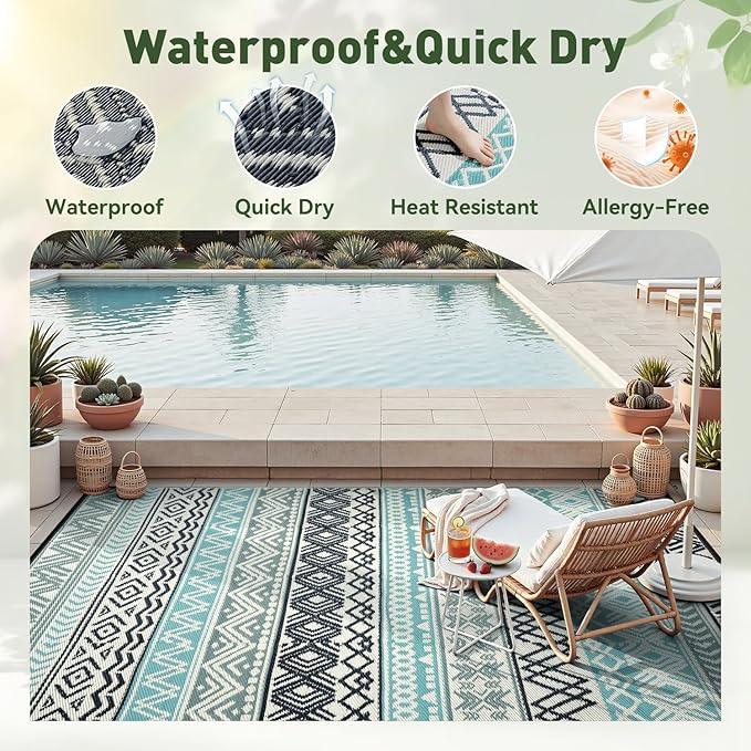 MontVoo Outdoor Rug Carpet Waterproof-Patio Rug Mat 9x12 Reversible RV Outdoor - Image 2