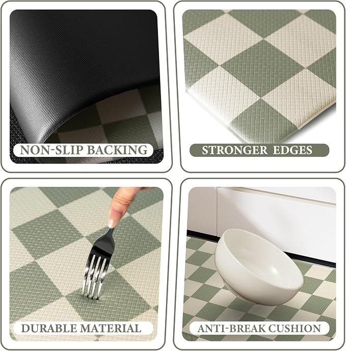 Beige Sage Checkered Grid Checkerboard Kitchen Rug Sets, Anti-Fatigue, - Image 6