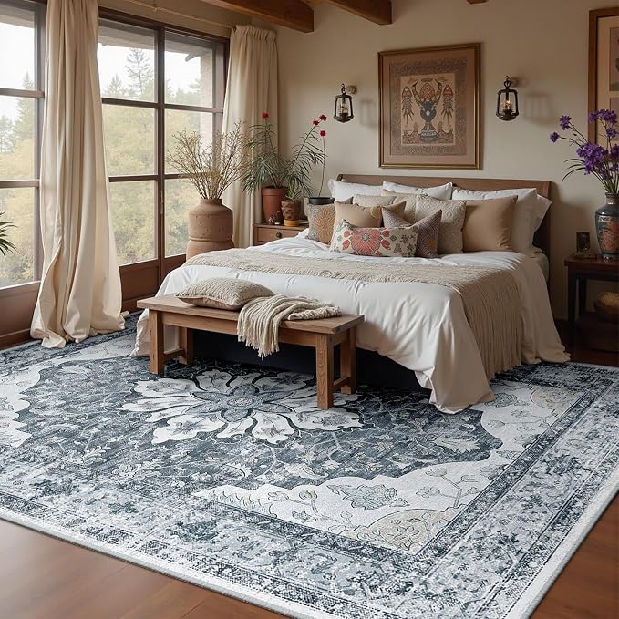 RELEANY Area Rugs Large 10'x12' Washable Non-Slip, Floral Vintage Distress - Image 3