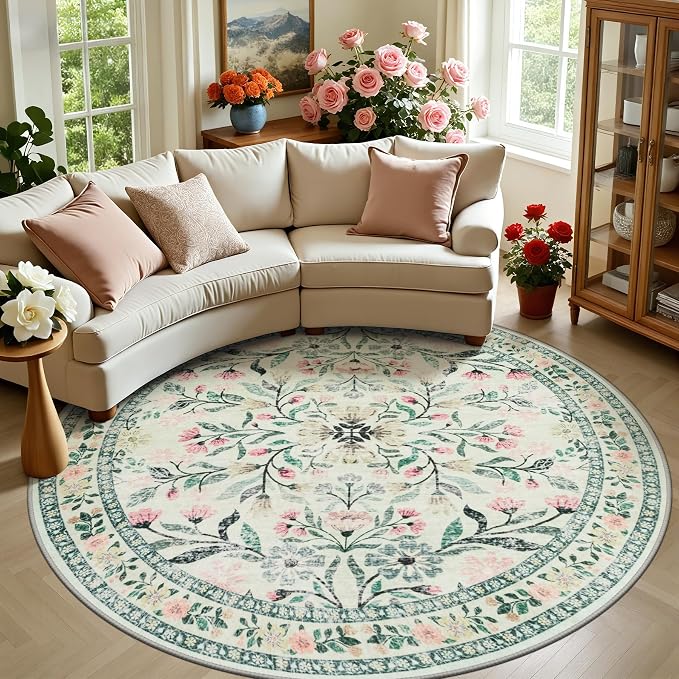 Round Area Rug for Living Room: 8 ft Floral Washable Circle Rug Soft Boho by PLHXFRSoftAreaRugs