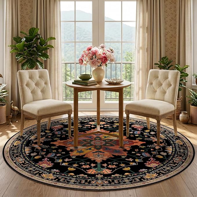 RELEANY Area Rugs Round 5ft Washable Non-Slip, Floral Vintage Distress by RELEANY