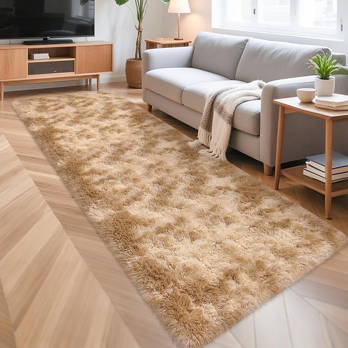 3x10 ft Plush Tie Dyed Light Brown Rug Soft Bedroom Runner Fluffy Cream and - Image 2