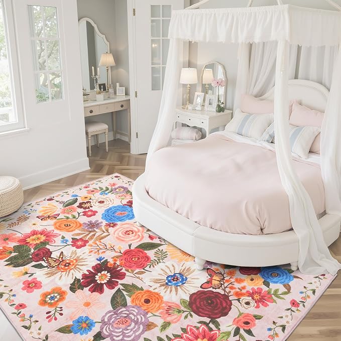 Blush Washable Area Rug 8x10, Large Soft Floral Carpet - Image 5