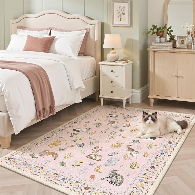 Soalmost Cat 3x5 Area Rugs for Entryway, Machine Washable Animal Floral Accent - Image 3