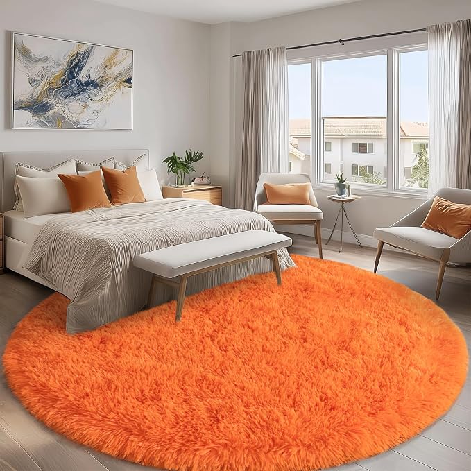Round Orange Rug for Bedroom, 8 ft Circle Area Rugs for Living Room, Soft Large - Image 2