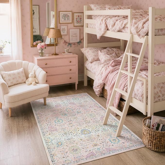 Lahome Girls Bedroom Pink Rug 3x5, Soft Washable Floral Area Rug - Image 6