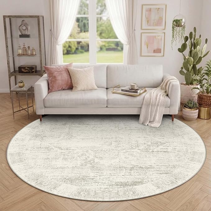 Latte&Fog Vintage 6ft Round Area Rug, Washable Low Pile Non Slip Ivory Neutral by LatteFog