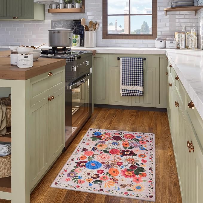 Blush Floral Rug for Entryway, 2X3 Washable Kitchen Mat Ultra-Thin Soft - Image 3