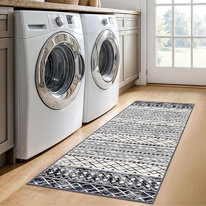 KUTA Moroccan Washable Runner Rugs 2x5, Non-Slip Vintage Black Navy Blue Boho - Image 3