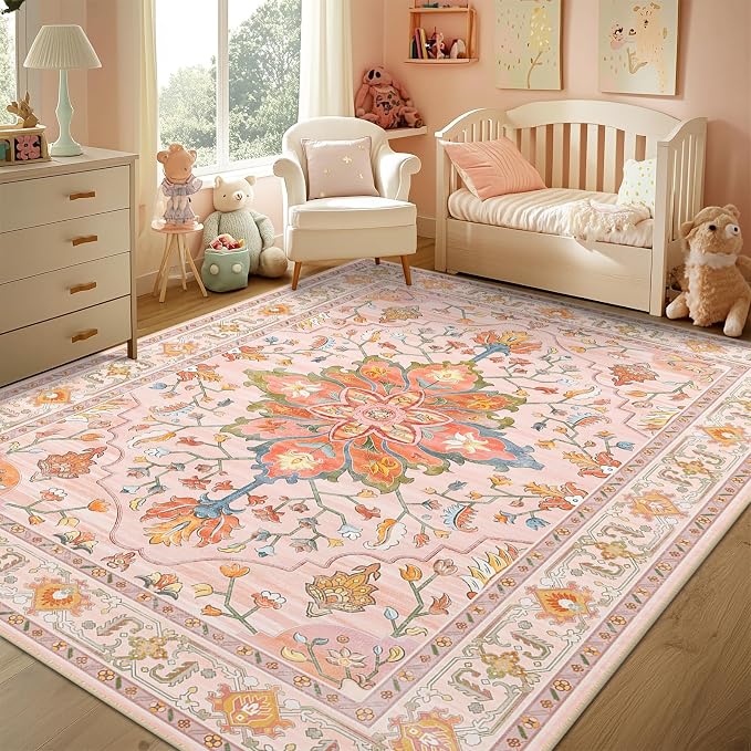 RELEANY Area Rugs 5'x7' Washable Non-Slip, Floral Vintage Distress Medallion by RELEANY