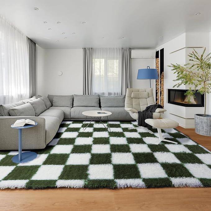 KICMOR Area Rug 5x7 for Living Room, Soft Fluffy Olive Green and White - Image 6