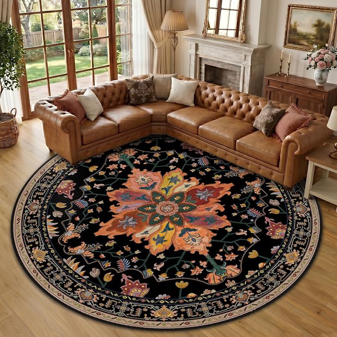 RELEANY Area Rugs Round 10ft Washable Non-Slip, Floral Vintage Distress by RELEANY