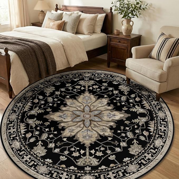 RELEANY Area Rugs Round 6ft Washable Non-Slip, Floral Vintage Distress - Image 3
