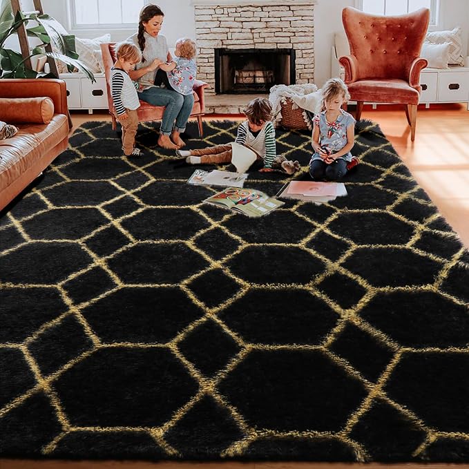 ONASAR Area Rugs for Bedroom Living Room, 4x6 Fluffy Black and Gold Throw Rug - Image 9