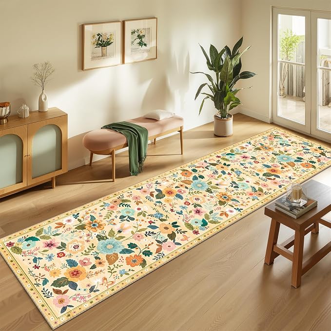 RELEANY Floral 2x8 Area Rugs Washable Print Boho Cute Carpet Non Slip Flower by RELEANY
