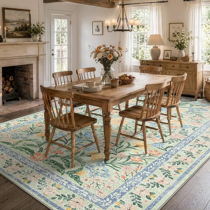 Wonnitar Machine Washable Area Rugs 9x12, Soft Sage Green Floral Rug - Image 8