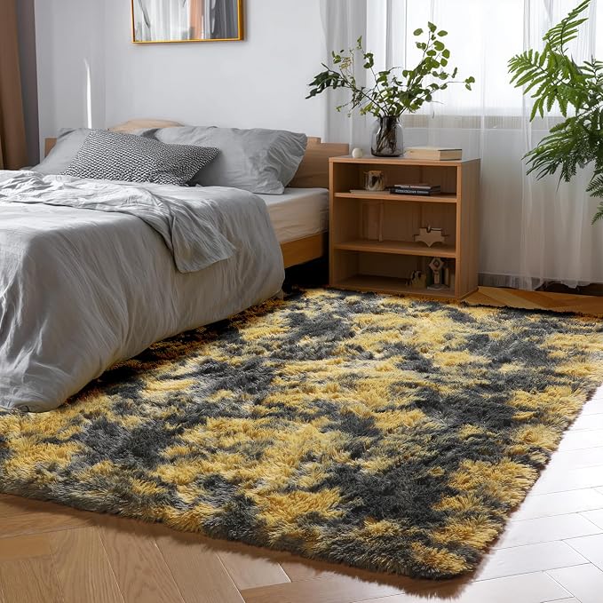 PAGISOFE 4x6 Black and Yellow Bedroom Rugs, Fluffy Modern Living Room Area Rug - Image 5