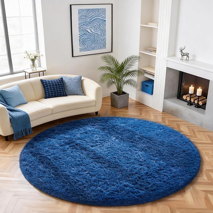 Ophanie Round Rug 6Ft Blue Circle Area Rug, Boys Room Decor, Fluffy Fuzzy by Ophanie