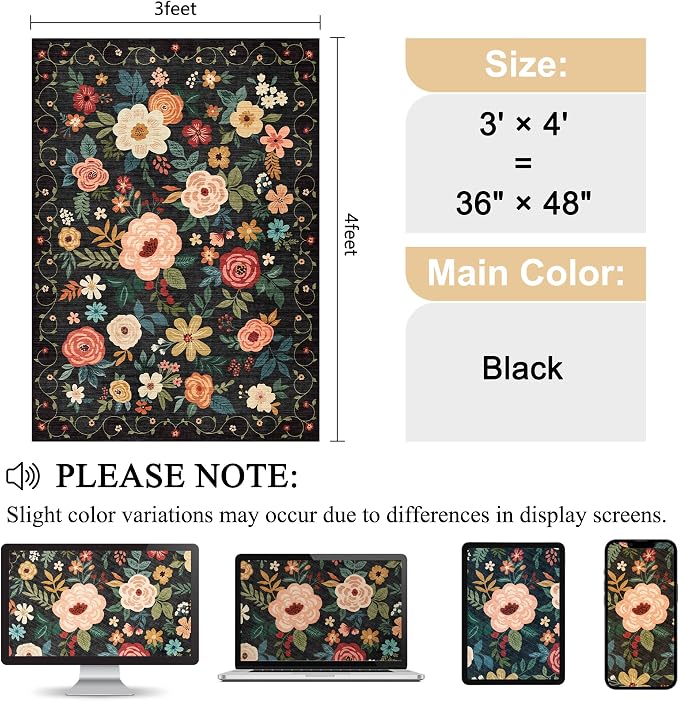 DUKINO 3x4 Area Rug, Lightweight Non Slip Washable Floral Rug, Indoor Low Pile - Image 2