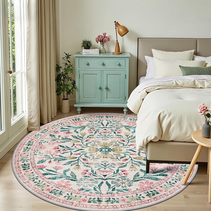 Round Area Rug for Living Room: 8 ft Floral Washable Circle Rug Soft Boho - Image 2