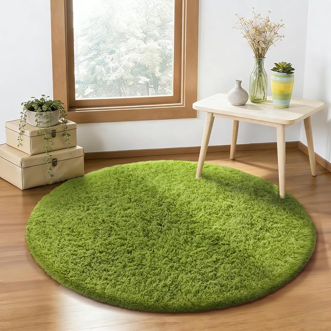 Ophanie Round Rug 4Ft Green Circle Area Rug, Fluffy Fuzzy Bedroom Carpet by Ophanie