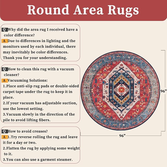 SERISSA Boho Round Area Rug, 8ft Washable Non-Slip Circle Rug, Ultra Soft Large - Image 2