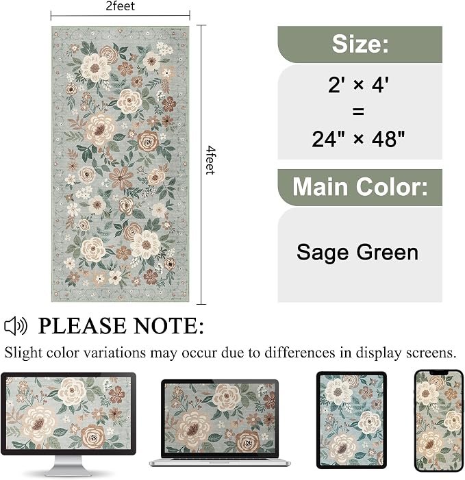 DUKINO 2x4 Rug for Entryway, Washable Kitchen Floral Runner Rug - Image 2