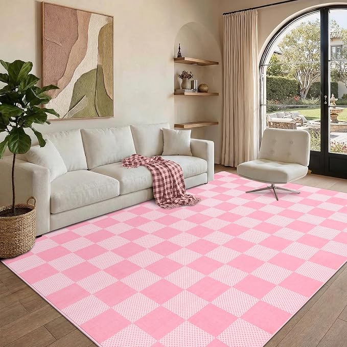 GarveeHome Checkered Blush Pink and White 3x5 Washable Rug Geometric Diamond - Image 3