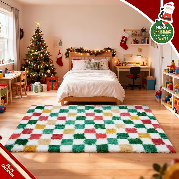 Christmas Area Rug 6x9 for Bedroom Living Room, Checkered Shag Rug Fuzzy Shaggy - Image 5