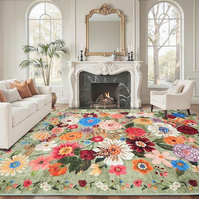 Green Area Rugs 9x12 Washable Non Slip Floral Low Pile Large Rug by WelcometoBabovid