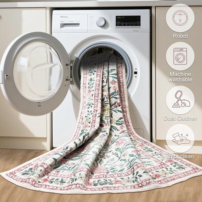 Area Rug Living Room Rugs: Floral 3x5 Washable Rug Vintage Soft Boho Non-Slip - Image 8