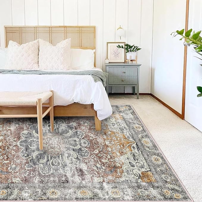 CHAMPLANT Area Rug 9x12 Washable Taupe Vintage Traditional Mat Distressed - Image 2