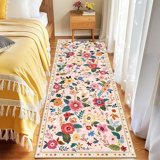 RELEANY Floral 2x6 Area Rugs Washable Print Boho Cute Carpet Non Slip Flower by RELEANY