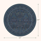 Navy Blue 5ft Round Rug for Living Room, Washable Floral Circle Rug, Vintage - Image 2