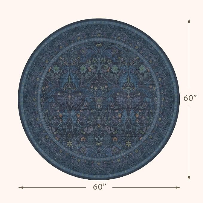 Navy Blue 5ft Round Rug for Living Room, Washable Floral Circle Rug, Vintage - Image 2