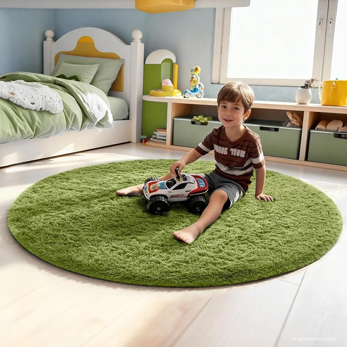 Ophanie Round Rug 5Ft Green Circle Area Rug, Fluffy Fuzzy Bedroom Carpet - Image 3
