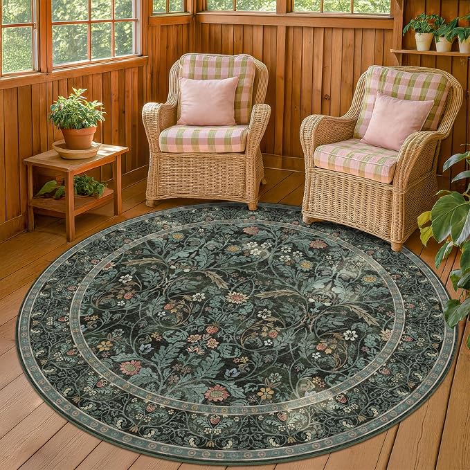 Dark Green 6ft Round Rugs for Living Room, Botanical Floral Washable Circle - Image 9