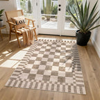 GarveeHome Brown Checkered Rug, Washable 3x5 Rug Geometric Tan Brown Print Non - Image 2