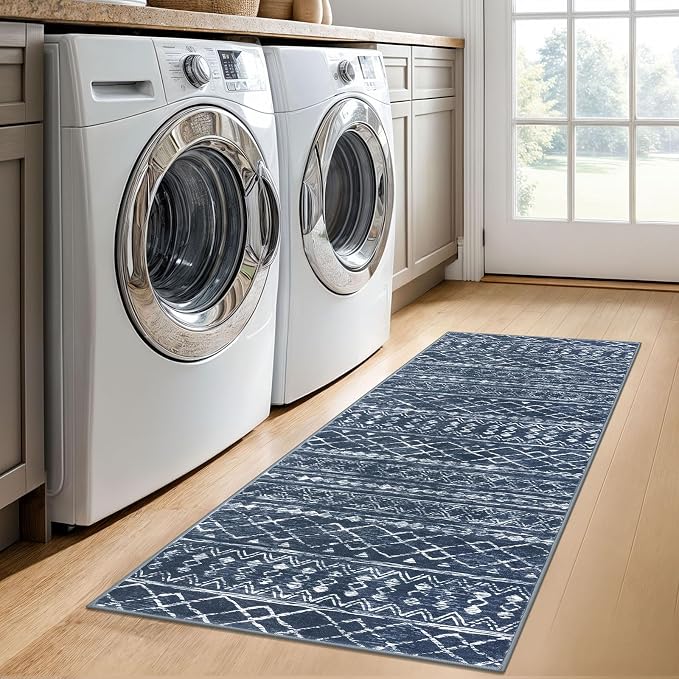 KUTA Boho Kitchen Rugs 2x5 ft Navy Blue Moroccan Washable Runner Rug Non-Slip - Image 3
