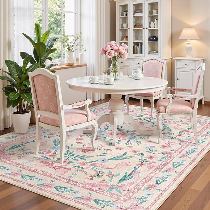 Pink Floral Bow Rug 6x9 for Living Room, Washable Non Slip Area Rug, Soft Boho - Image 8